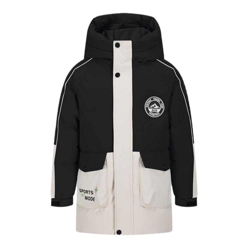 雪中飞中长款男童连帽羽绒服撞色