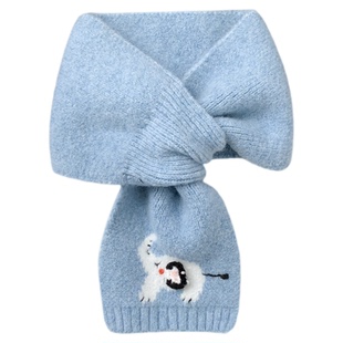 可爱蓝色小象交叉氛围感围巾女冬季学生短款防寒保暖护颈学生围脖