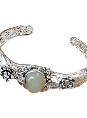 复古做旧锦鲤莲花手镯女新中式国风仿和田玉开口手环汉服古风饰品