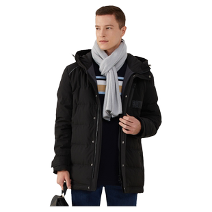 波顿冬季2025年高端男士白鸭绒黑色中长款连帽羽绒服防寒保暖舒适