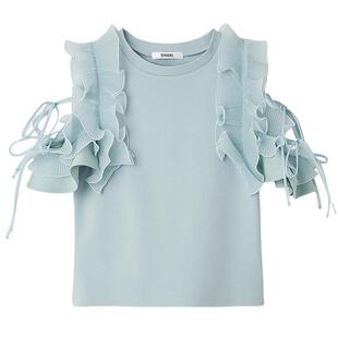 SNIDEL2025秋冬新品甜美纯色圆领木耳边露肩系带针织衫SWCT254128