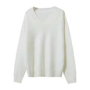 Amii2025秋新款简洁休闲V领落肩袖宽松色纺毛衣女百搭基础款上衣