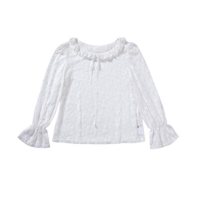 晶咕白标DADATATA【月光私语】宽松蕾丝蝴蝶结喇叭袖勾花大码小衫