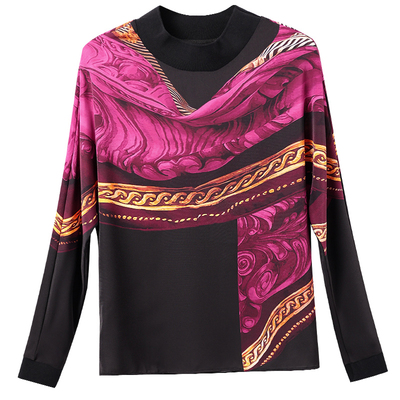 现货 胭脂海棠~双绉丝长袖宽松T恤外穿打底小衫洋气印花上衣秋冬