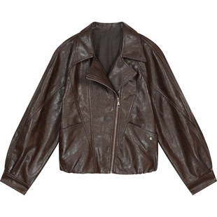 妖精的口袋复古棕色皮衣女2025年秋季新款高级感甜酷短款夹克外套