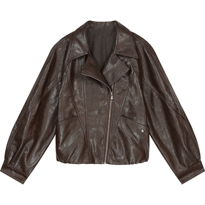 妖精的口袋复古棕色皮衣