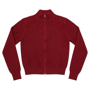 Basic House/百家好红色双拉链立领毛衣外套女士冬含羊毛针织开衫