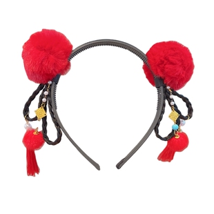 儿童新年头饰发箍红色毛球拜年服配饰女童宝宝过年小女孩头箍发饰