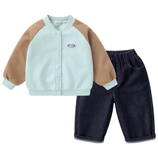 右欧男童女童棒球服外套牛仔裤套装儿童学院两件套春秋季新款童装