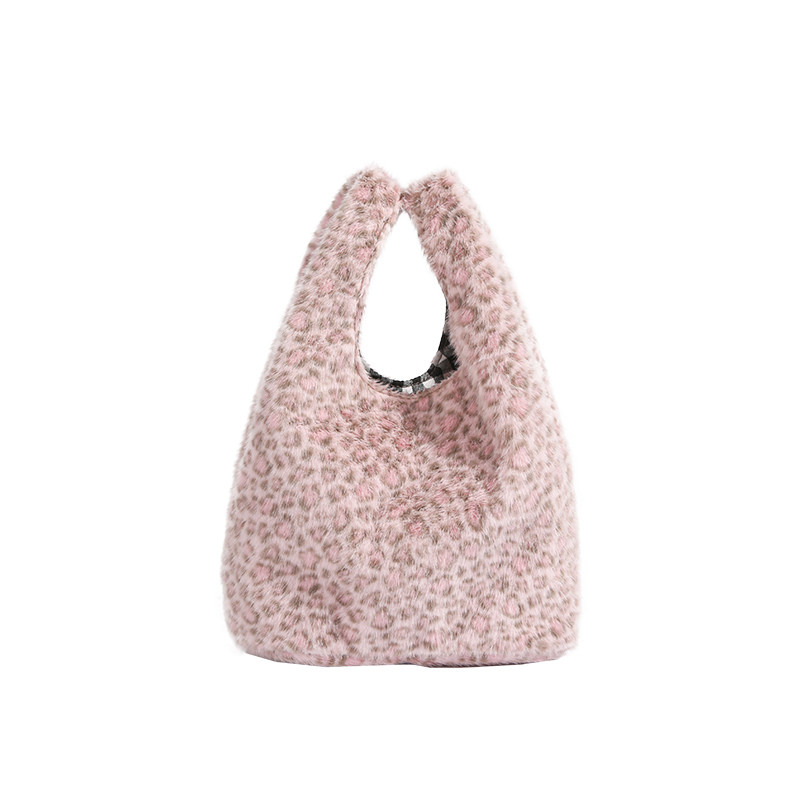 秋冬紫色豹纹手提包新款毛绒通勤休闲手腕包上班杂物外出手拎小包