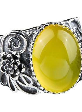 玫瑰花朵蜜蜡琥珀绿松石戒指空托