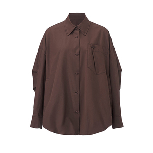 EVAOUXIU商场同款摩卡棕色高智感老钱风全棉衬衫宽松灯笼袖上衣女