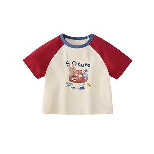 女童短袖T恤2026新款夏季儿童圆领撞色宝宝印花上衣男童休闲夏装