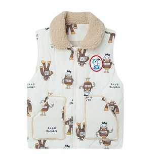 阿路和如男童马甲秋冬款2026新款羊羔毛撞色领趣味印花休闲棉服