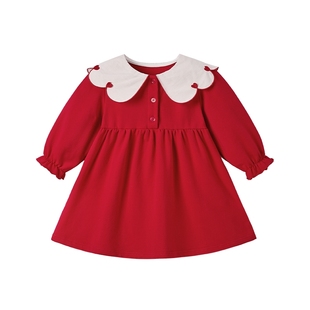 女童红色裙子宝宝长袖公主裙新款洋气春秋三岁小儿童娃娃领连衣裙