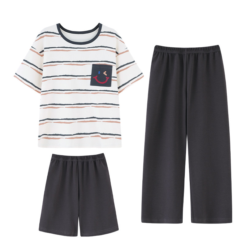 男童夏季纯棉短袖笑脸条纹家居服