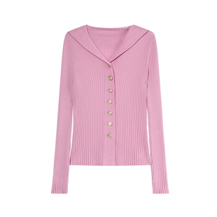 白鹿语法式大翻领针织开衫春秋款单排扣修身日常长袖上衣女打底衫