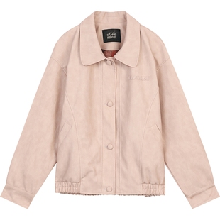 妖精的口袋粉色雾面PU皮外套女2026早春新款高级感miu系皮衣夹克