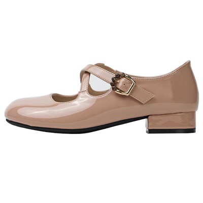 Miaolv College法式复古交叉带玛丽珍鞋女粗跟浅口百搭漆皮单鞋子