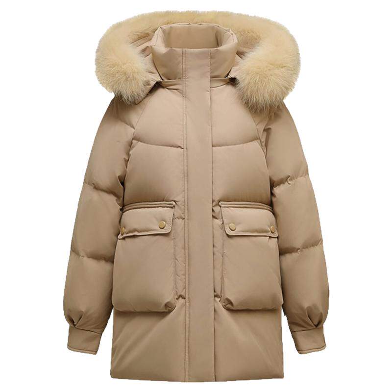 米色羽绒服外套狐狸毛领