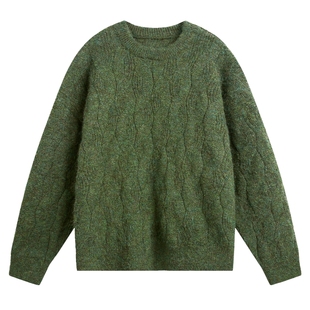 马海毛半高领针织衫2025新款男士圆领绞花毛衣男款秋冬季内搭绿色