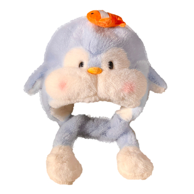 卡通蓝色企鹅毛毛茸茸防寒帽子