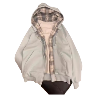 格子拼接连帽卫衣女秋冬oversize加绒加厚外套宽松慵懒风开衫上衣
