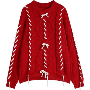 妖精的口袋穿绳蝴蝶结红色毛衣女2026冬季新款慵懒高级感氛围感