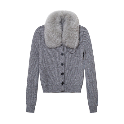 TOP家 温暖显瘦 法式复古时髦 可拆卸狐狸毛领针织 羊毛开衫外套