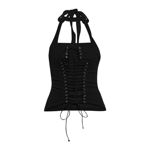 怪诞女孩 酷辣时尚黑色系带设计挂脖背心女 绑带露背修身显瘦上衣