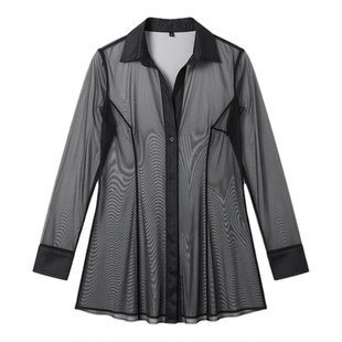 Casual Sheer Mesh Cardigan Shirt Pajamas休闲透视网纱衬衫睡衣