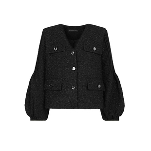 sdeer圣迪奥女装小香风V领压褶灯笼袖短款羽绒服S234Z3128