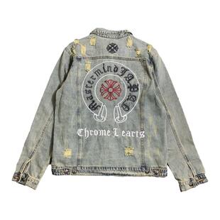 2023超赞闭眼入帅气个性刺绣贴皮金属反光符文十字架牛仔夹克外套