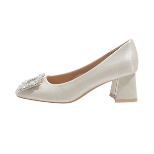 真皮~骄屿绝美水钻方扣玛丽珍鞋法式单鞋女配裙子绸缎浅口高跟鞋