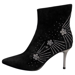 灵梅陈高光鞋尖头短靴女冬季高跟鞋黑色羊反绒面细跟靴子水钻踝靴