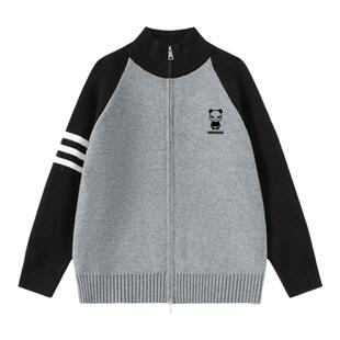 Hipanda你好熊猫潮牌撞色设计感针织开衫美式毛衣2026春外套男