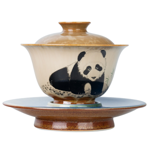 圣山柴烧窑变手绘熊猫泡茶盖碗