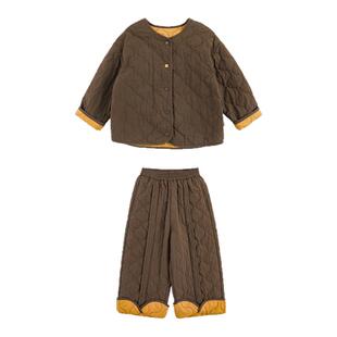 幼悠男童保暖套装冬季新款复古无领棉服外套夹棉阔腿裤冬装两件套