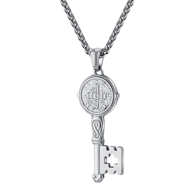 欧美风潮男女钛钢圣本笃钥匙项链