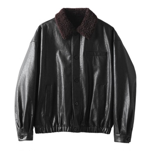特价 羊羔绒毛领短宽版型PU皮夹克外套男冬季单排扣内里加绒皮衣