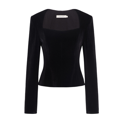 光泽高级平口梯形领修身丝绒上衣