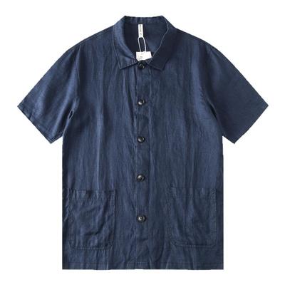100%亚麻纽扣翻领短袖衬衫