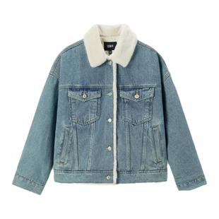 [商场同款]森马牛仔外套女拼接仿兔毛翻领宽松新款冬夹棉夹克上衣