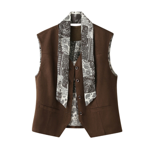 欧货带丝巾麂皮绒马甲短外套女春秋帅气复古无袖叠穿V领马夹坎肩