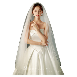 新娘头纱超仙简约中长款加宽双层软网素纱结婚旅拍照头饰白色头纱