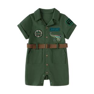 babylove婴儿连体衣夏季薄款纯棉短袖哈衣爬服户外工装风洋气夏装