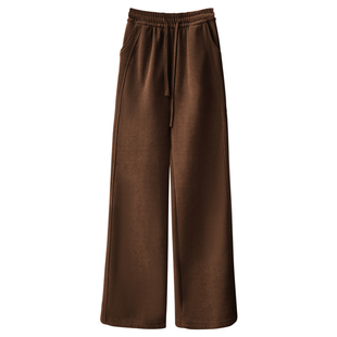 咖色运动卫裤女lulu秋冬季加绒加厚休闲阔腿裤美拉德直筒糯米裤子