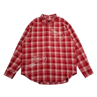 亣吉双喜临门长袖红色格子衬衫男女款宽松复古刺绣磨毛衬衣外套春