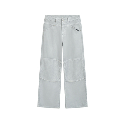 水洗套色拼接款式直筒牛仔裤