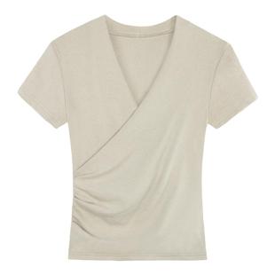 MULVAN V领交叉短袖T恤女收腰修身夏季短款设计感气质针织上衣